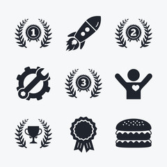 Laurel wreath award icons. Prize cup for winner.