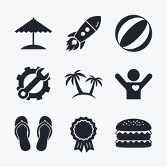 Beach holidays icons. Umbrella and sandals.