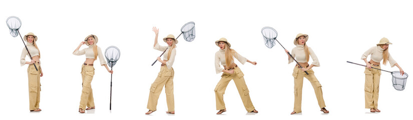 Woman with catching net on white