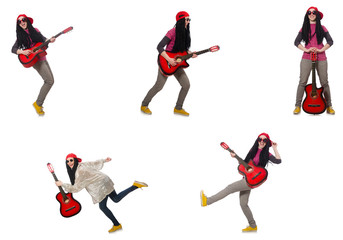 Hipste guitar player isolated on white