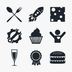 Food icons. Muffin cupcake symbol. Fork, spoon.