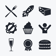 Food icons. Muffin cupcake symbol. Fork, knife.