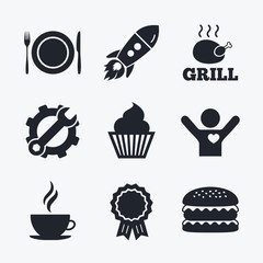 Food icons. Muffin cupcake symbol. Fork, knife.