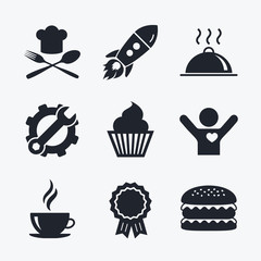 Food icons. Muffin cupcake symbol. Fork, spoon.
