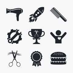 Hairdresser icons. Scissors cut hair symbol.