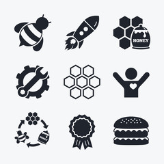 Honey icon. Honeycomb cells with bees symbol.