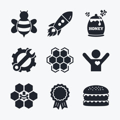 Honey icon. Honeycomb cells with bees symbol.