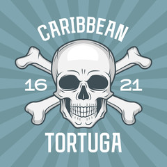 Pirate insignia concept. Caribbean tortuga island vector t-shirt design blue background. Jolly Roger with crossbones logo template. Poison icon illustration