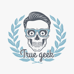 True geek skull vector with hipster glasses and laurel leafs. Crazy deadman insignia template. Smiling skeleton badge design. Jolly student label