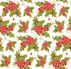 print, seamless pattern with a holly branch on a white background, ilex