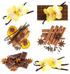 Vanilla pods with orchid flower, chocolate, cinnamon sticks