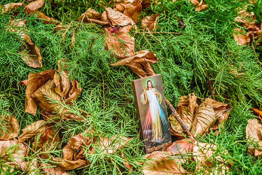 Merciful Jesus icon among fallen Autumn leaves
