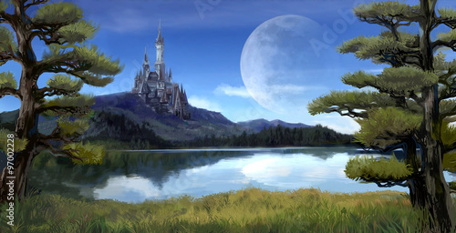 Fantasy Riverside Lake Forest Landscape With Ancient Castle