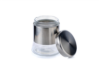 glass jar with lid for sugar, salt and else on white background