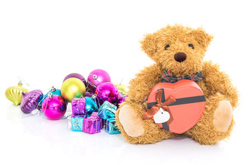 Teddy bear with .Red heart shaped gift box