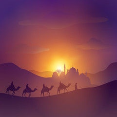 Naklejka premium Desert arabic landscape illustration with mosque arabian and camel for islamic banner background