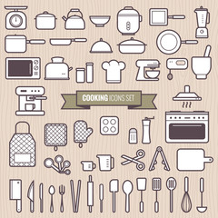 Set of cooking tools and kitchen simple line design icons set vector