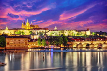 View of Prague Castle and Charles Bridge-famous historic bridge