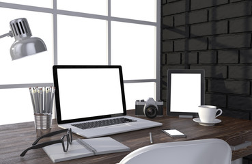 3D illustration laptop and work stuff on table near brick wall, Workspace