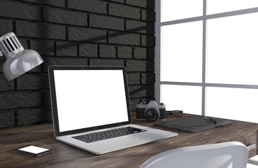Fototapeta premium 3D illustration laptop and work stuff on table near brick wall, Workspace