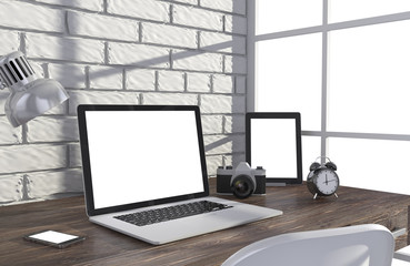 Fototapeta premium 3D illustration laptop and work stuff on table near brick wall, Workspace