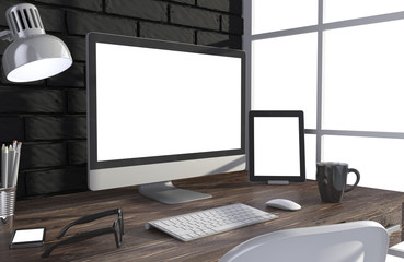 Fototapeta premium 3D illustration PC screen on table in office, Workspace