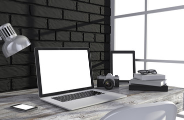 Fototapeta premium 3D illustration laptop and work stuff on table near brick wall, Workspace