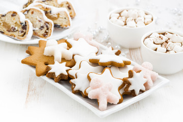 Fototapeta na wymiar assortment gingerbread cookies, Christmas Stollen and cocoa