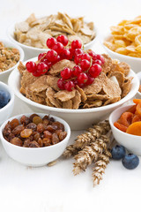 assortment of different breakfast cereal, dried fruit 