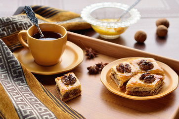 Tea and baklava with walnuts