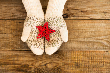 Woman hands in light teal knitted mittens are holding red snowfl