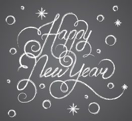 Fototapeta na wymiar Happy New Year Lettering Chalk on a Blackboard, Beautiful Elegant Text Design, Vector Illustration