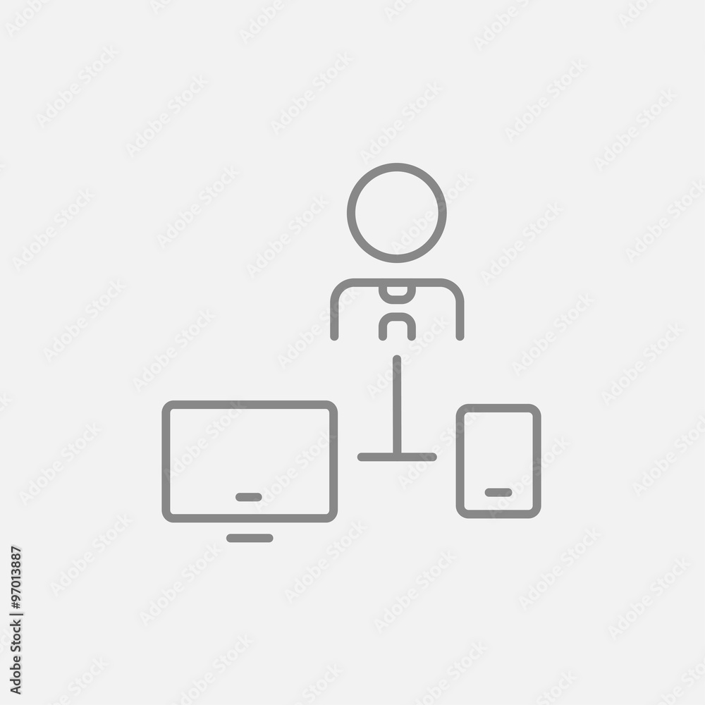 Poster man linked with computer and phone line icon.