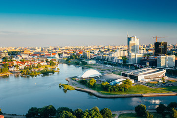 Cityscape of Minsk, Belarus. Summer season, sunset time - obrazy, fototapety, plakaty