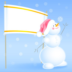 Snowman in Santa hat catches a snowflake, billboard with space for text on background