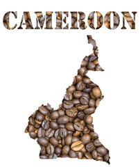 Cameroon word and country map shaped with coffee beans background