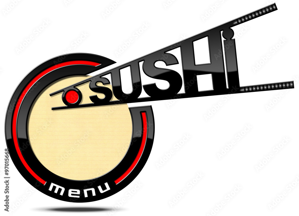 Aufkleber sushi menu - banner with chopsticks / red and black banner with chopsticks and text sushi menu. temp