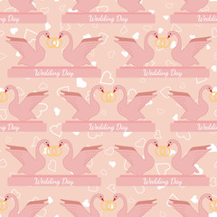 Wedding seamless pattern with pink swans hold gold rings