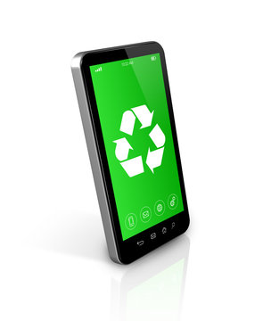 Smartphone with a recycling symbol on screen. environmental cons