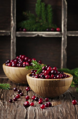 Fresh red cranberry on the vintage table