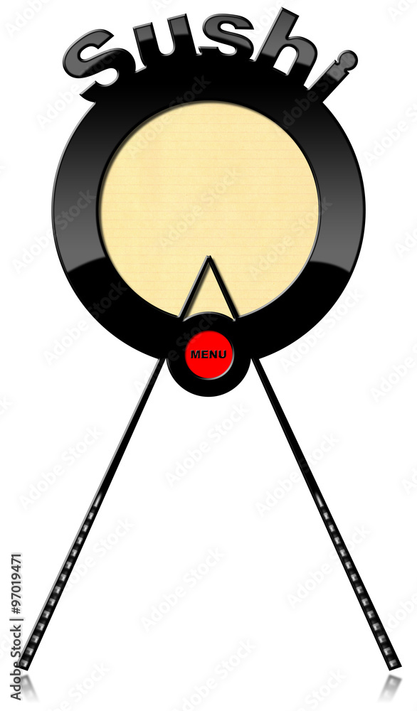 Poster sushi menu - banner with chopsticks / red and black banner with chopsticks and text sushi menu. temp