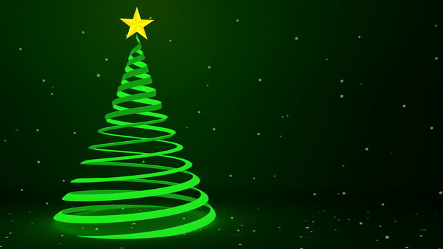 Glowing green ribbon Christmas tree design and falling snowflakes, 3D animation