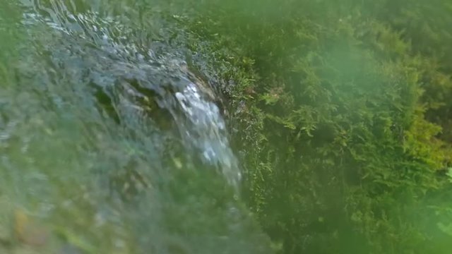 Slow motion closeup of a small stream flowing over a mossy surface and forming a waterfall