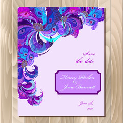 Peacock feathers wedding card. Printable vector background illustration.