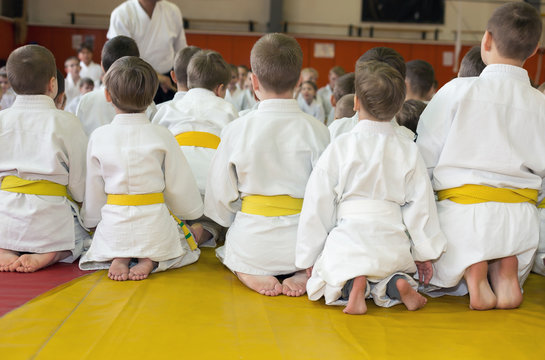 Children in kimono sitting on tatami on martial arts seminar