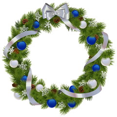 Fototapeta na wymiar Vector Christmas Wreath with Blue Decorations