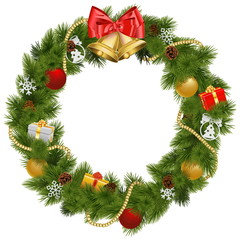 Fototapeta na wymiar Vector Christmas Wreath with Golden Bells
