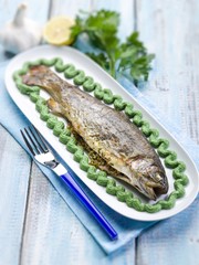 trout with spinach cream decoration,  selective focus