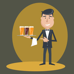 Waiter with three glasses of beer and tray on outstretched arm. Invitation to have a beer. Foods Service . Simple flat vector.EPS 10.