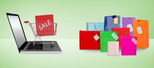 Composite image of trolley on laptop with sale bag
